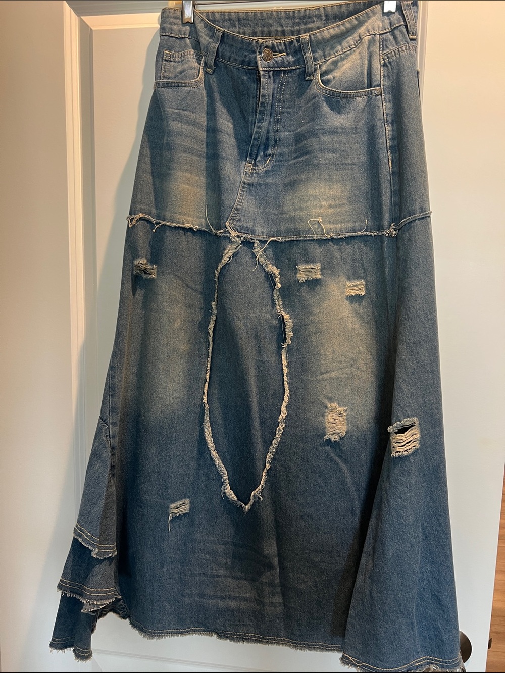 Distressed Denim Maxi Skirt - Blue